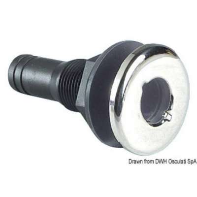 Scarico a mare in nylon nero, con battuta frontale a vista in acciaio inox lucidato a specchio