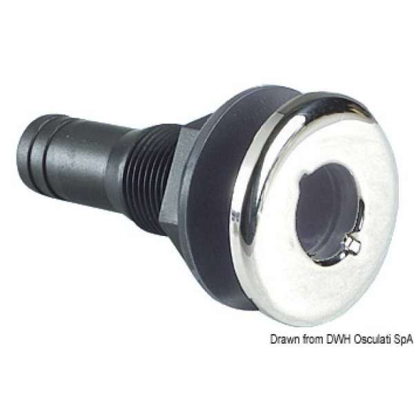 Scarico a mare in nylon nero, con battuta frontale a vista in acciaio inox lucidato a specchio